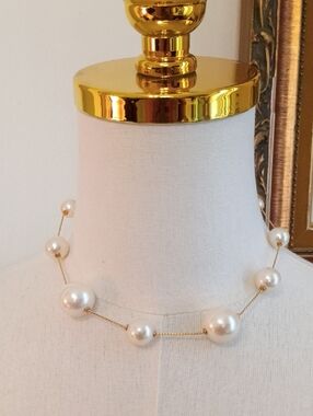 Anne Klein Gold Tone Pearl Station Necklace White Beaded NWT